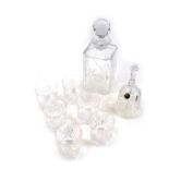 A group of Thomas Webb crystal, comprising decanter, six tumblers, and a glass crystal bell, each bo