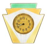 A Schild & Co Art Deco enamel travel clock, with a shaped three tier style, with green gold and silv