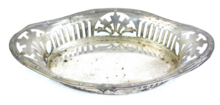 A George V oval silver bon bon dish, with pierced flared border and handles, makers mark EJH, 1911,