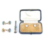 An assortment of bijouterie, to include a pair of 9ct gold and mother of pearl studs, a pair of cabo