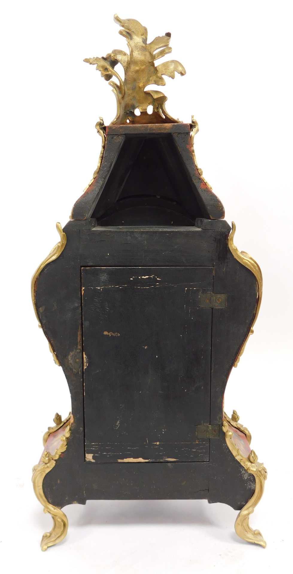 A French Louis XV style mantel clock, with hour glass shape, with gilt applied spandrels on a painte - Image 4 of 7