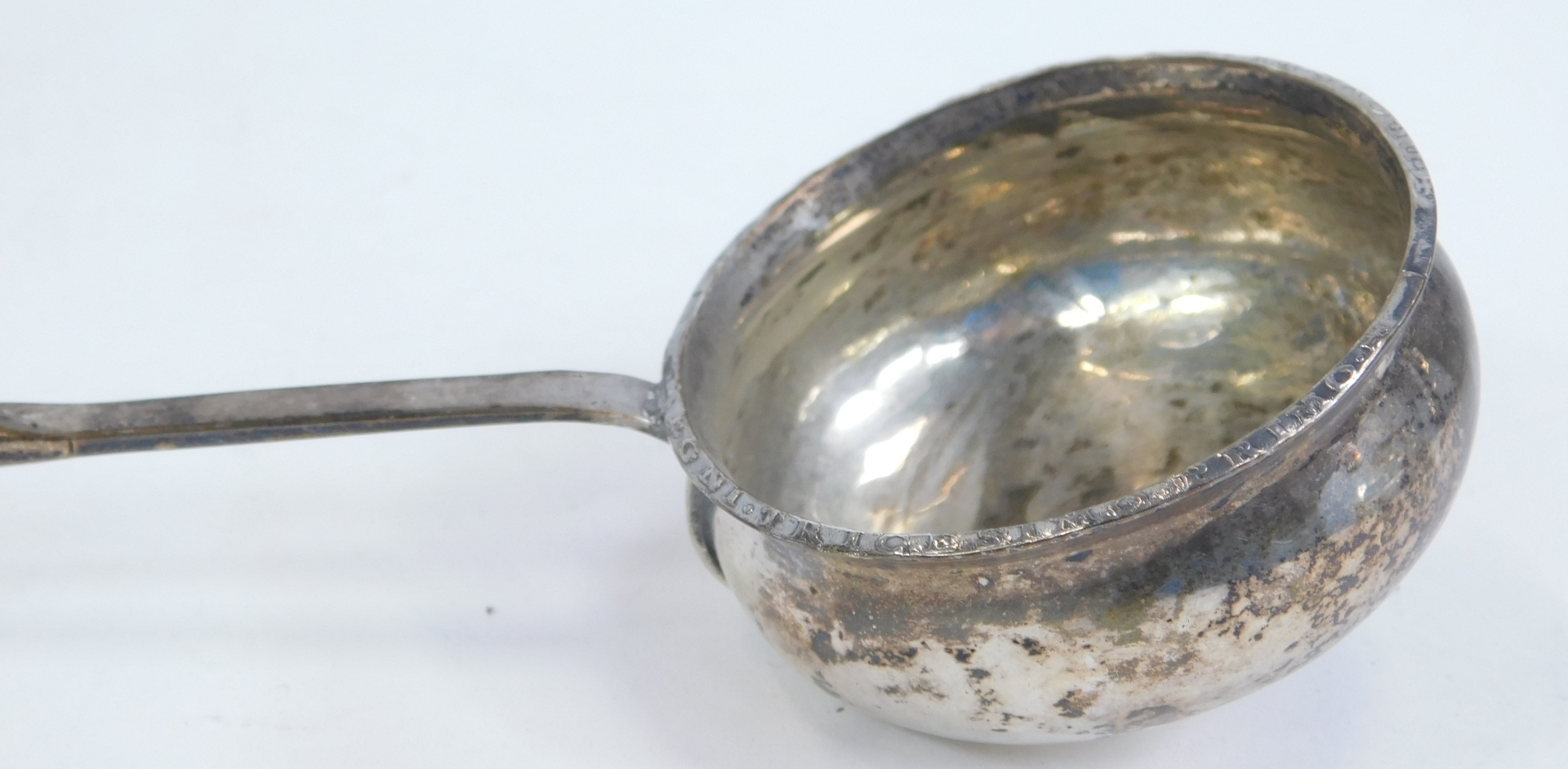 A George III silver toddy ladle, unmarked, with ogee bowl set coin centre and legend to the rim, wit - Image 3 of 3