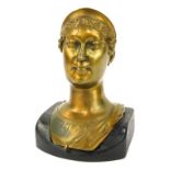 A gilt metal bust, of a female wearing tiara, on an ebonised base, unmarked, 21cm high, 14cm wide.