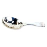 A George IV silver caddy spoon, with plain oval bowl and fiddle pattern handle, bearing a monogram,