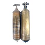 Two vintage Pyrene brass fire extinguishers, one with wall bracket. (2)