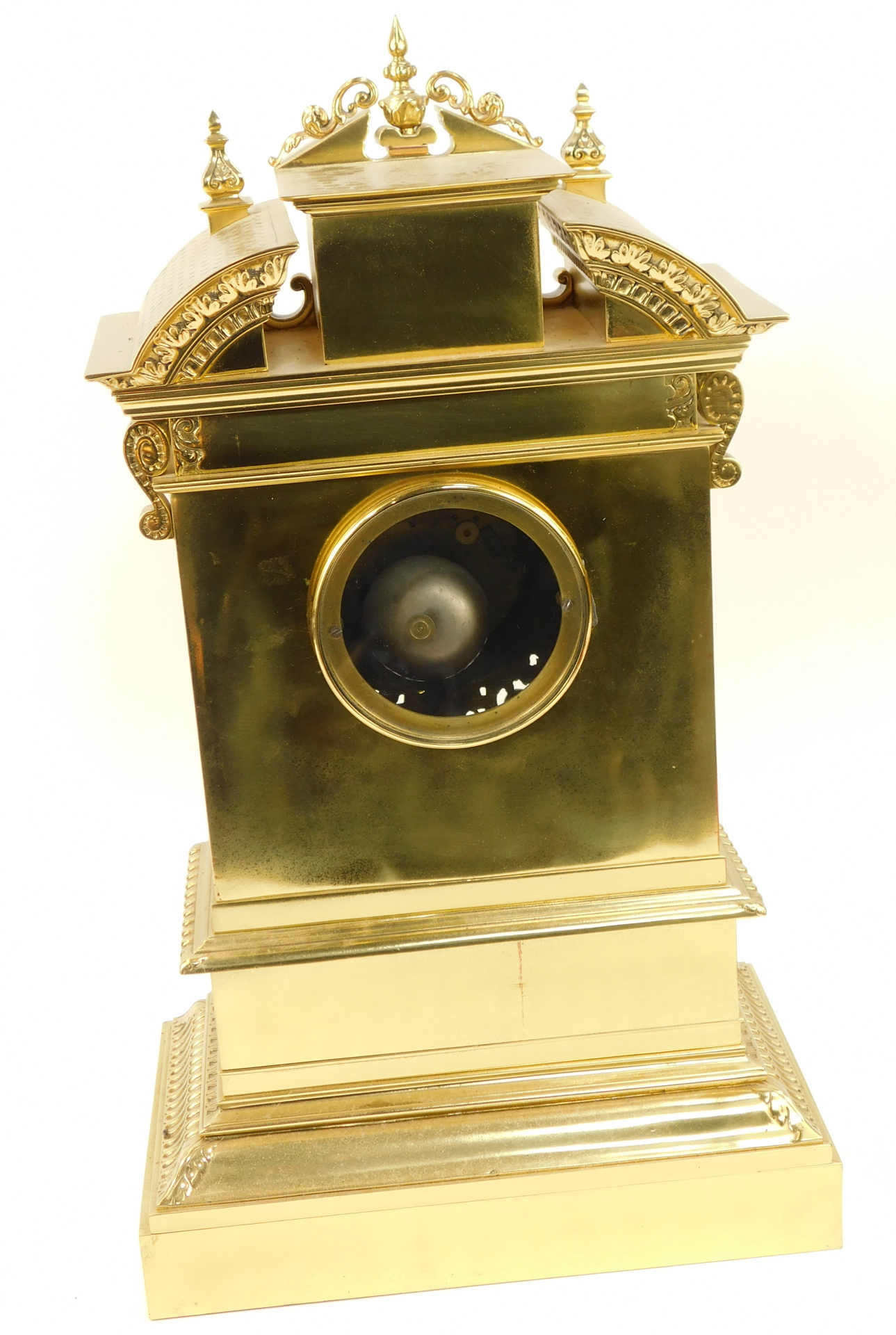 A French gilt brass mantel clock, the case decorated with swags, pillars and cherubs, above circular - Image 3 of 4