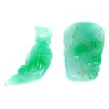 Two carved jade pendants, one in the form of a fish, with ring loop, 4.5cm, the other carved in a na