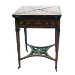 A Victorian rosewood and marquetry inlaid envelope card table, the top inlaid with flowers, green ba