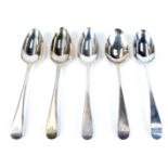 Five Victorian and later silver fiddle pattern teaspoons, three bearing the initial W, further with