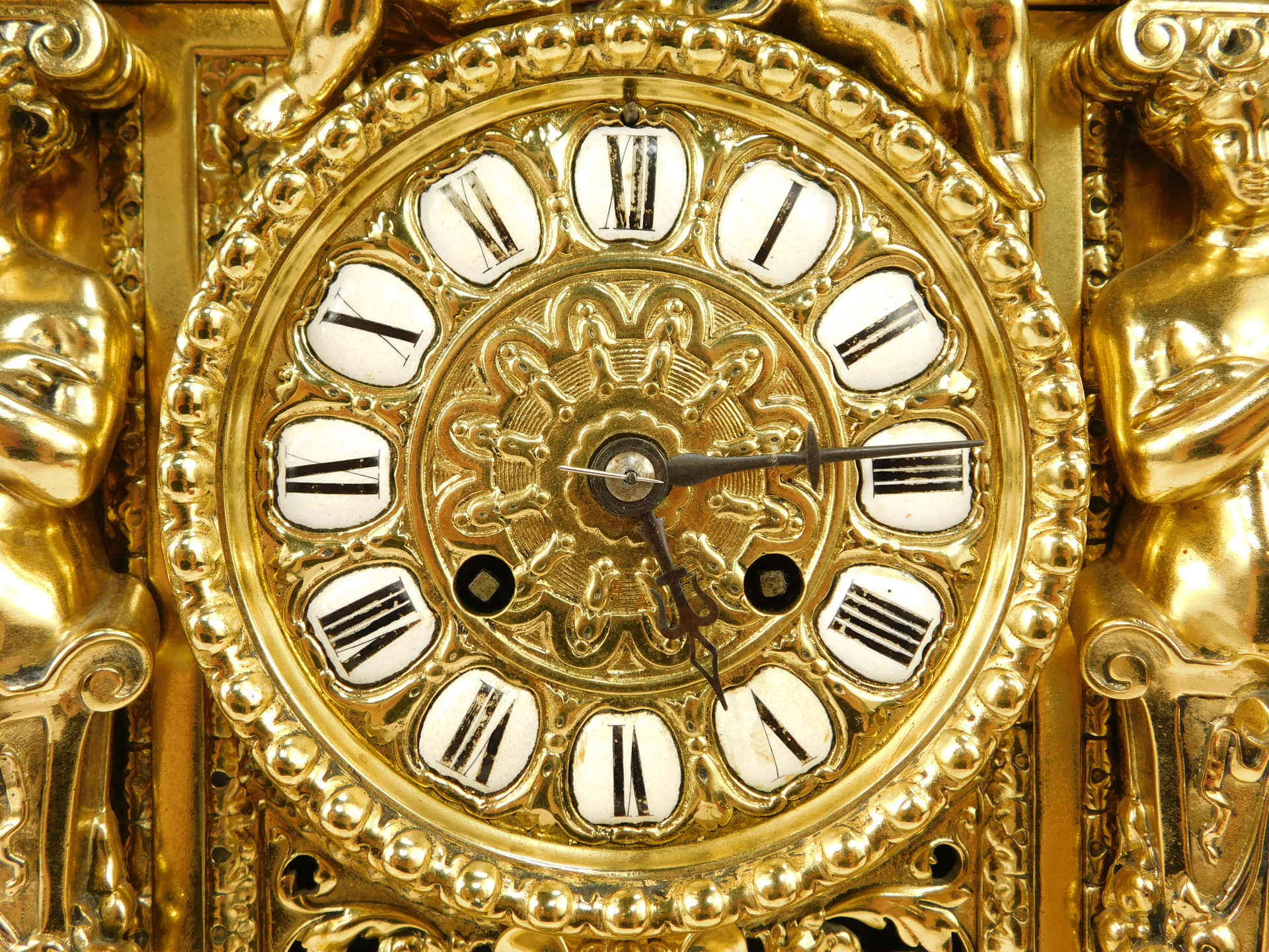 A French gilt brass mantel clock, the case decorated with swags, pillars and cherubs, above circular - Image 2 of 4