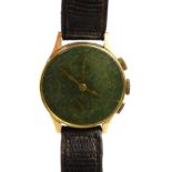 An 18ct gold metric gentleman's wristwatch, with a green numeric chronograph type dial, stamped 750