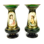 A pair of 19thC Bohemian green glass vases, each with a gilt fluted rim, with an oval painted portra