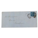 A Victorian two pence blue stamp, postage stamped, on envelope.