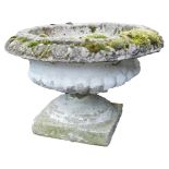 A reconstituted stone urn, with acanthus leaf petallated border, on square foot, 40cm high, 54cm wid