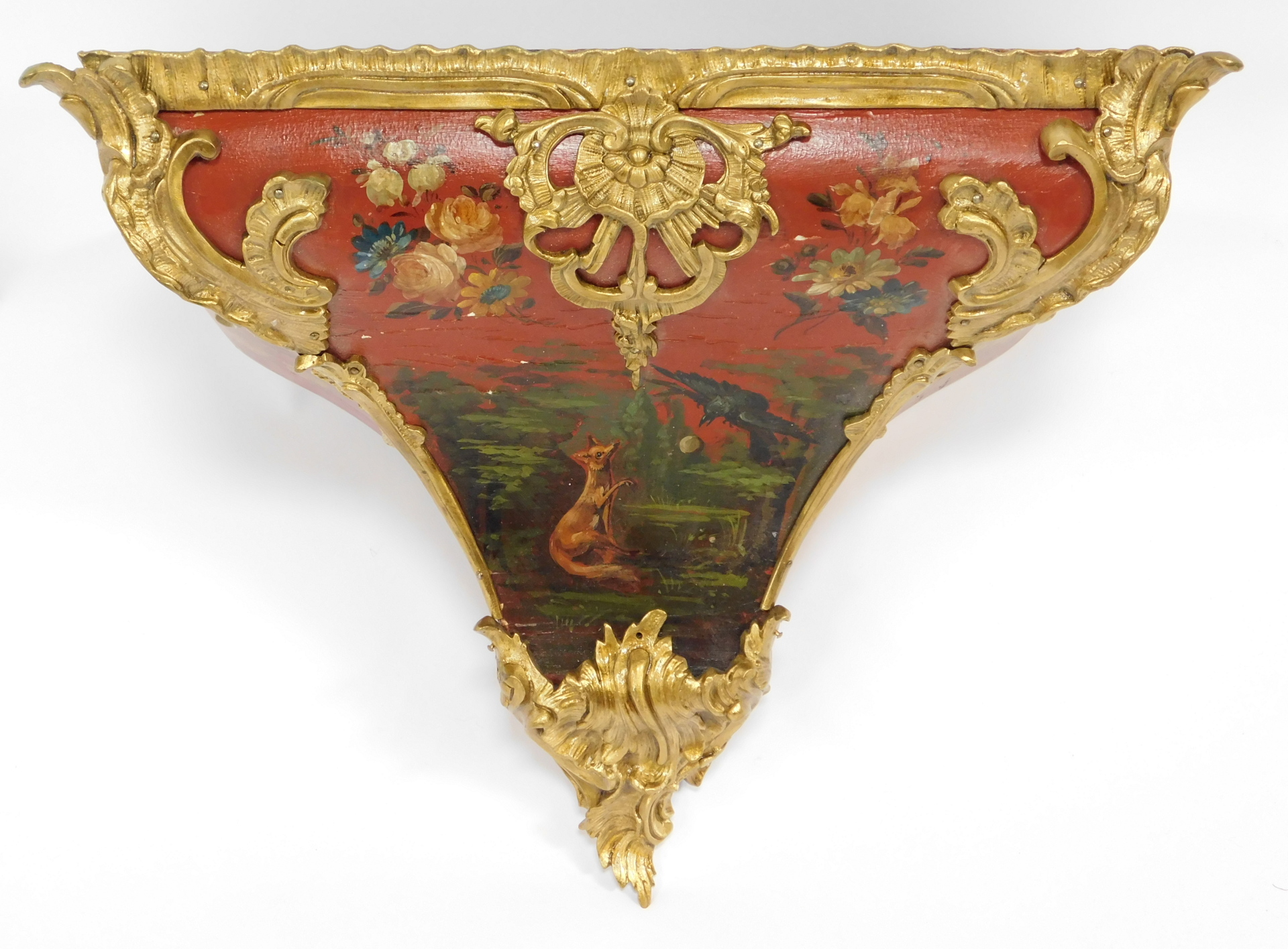 A French Louis XV style mantel clock, with hour glass shape, with gilt applied spandrels on a painte - Image 6 of 7