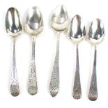 Five Georgian silver teaspoons, with bright cut decorations, initials, one with a crest, various dat