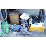 Various metalwares, comprising machinery parts, Trapa ashes bin, various saws, sink, poles, etc. (1