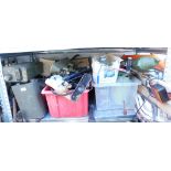 Two metal oil cans, bicycle pumps, storage tins, pop up tent, trailer board, etc. (1 shelf)
