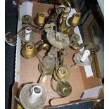 A five branch brass chandelier, and two three branch glass chandeliers. (3)