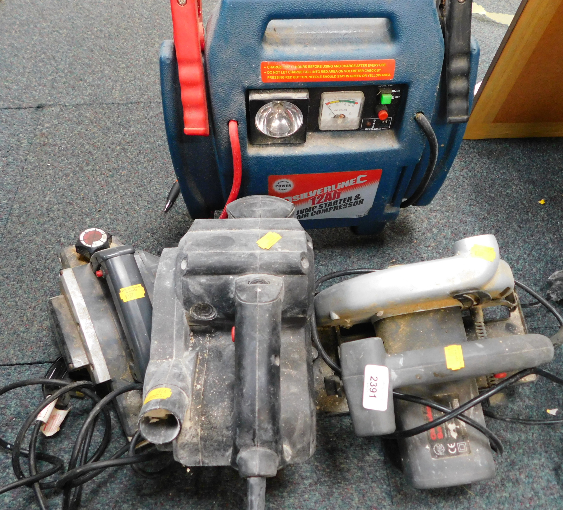 A group of tools, comprising circular saw, power planer, car jump start, electric floor to ceiling s