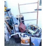 An assortment of tools and accessories, crutches, mannequin stand, tools, automobilia, clothes peg,