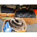 Various gentleman's clothing, throws, fur hats, cushions, lady's scarves, purses, etc. (4 boxes)