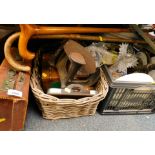A leather trunk, umbrellas, wooden and boxwood writing box, tyre pressure gauge, etc. (2 boxes)