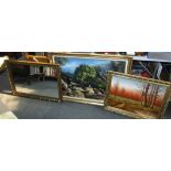 Two large wall mirrors, and two modern oil on canvas of fishing scene and river landscape. (4)