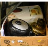 A bread maker, Tower air fryer, and brass oil lamp case.