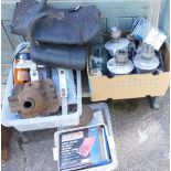 Various tools, automobilia parts, bags, Tilly lamps, etc. (3 boxes)