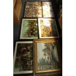 Assorted pictures and prints, comprising oil on canvas coastal scene, hunting prints, etc. (1 bay)