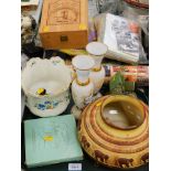 Decorative ceramics and effects, two glass vases, lantern, Bond Bug magazines, poster, etc. (2 trays