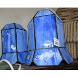 Two blue glass light shades.