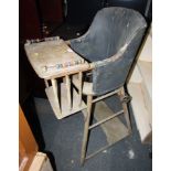 A beech child's high chair, with leatherette covering and abacus playing sides.