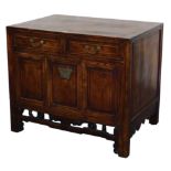 A Chinese elm side cabinet, with two drawers over panelled base, 75cm high, 88cm wide, 61cm deep.