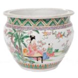 A 20thC Chinese famille rose porcelain jardiniere, decorated with figures in a garden setting, withi