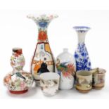 A group of Japanese ceramics, to include an Arita vase decorated with blue flowers, 25.5cm high, a d