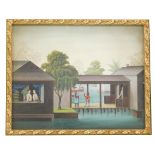 Chinese Export School. Pavilions and bridges at a lakeside, two female figures at a window, gouache