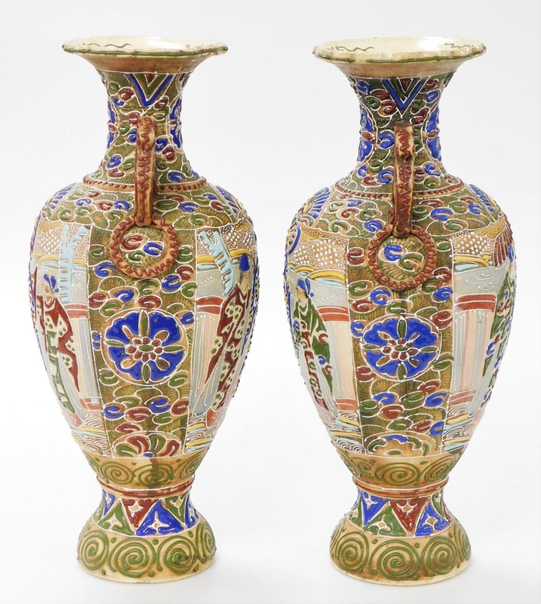 A pair of Meiji period Japanese Satsuma moriage vases, of twin handled baluster form, decorated with - Image 4 of 6