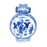 A Chinese blue and white porcelain moon flask, decorated to both sides with panels of figures, withi