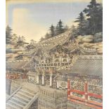 A Japanese Meiji period cut velvet picture of the Toshogu shrine, 66cm x 58cm.