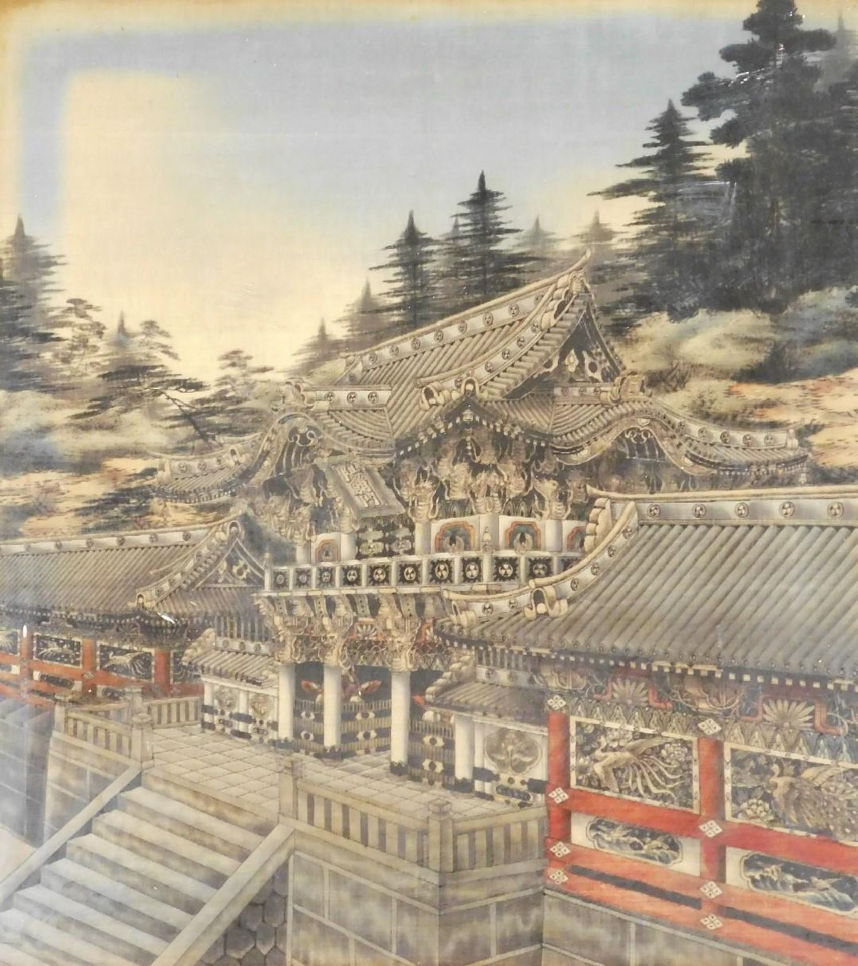 A Japanese Meiji period cut velvet picture of the Toshogu shrine, 66cm x 58cm.