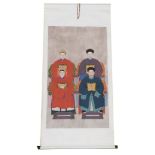 A Chinese ceremonial ancestor portrait scroll, depicting four seated family members, watercolour on