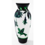 A Chinese cameo glass vase, decorated in relief with birds, flowers and leaves in tones of green aga