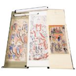 Chinese watercolour scrolls, scroll ends, etc., a quantity, 180cm x 60cm, 188cm x 64cm, 198cm x 76cm