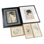 A group of Japanese woodblock prints, all framed, comprising Rinzan of the Akatsutaya by Chokosai Ei