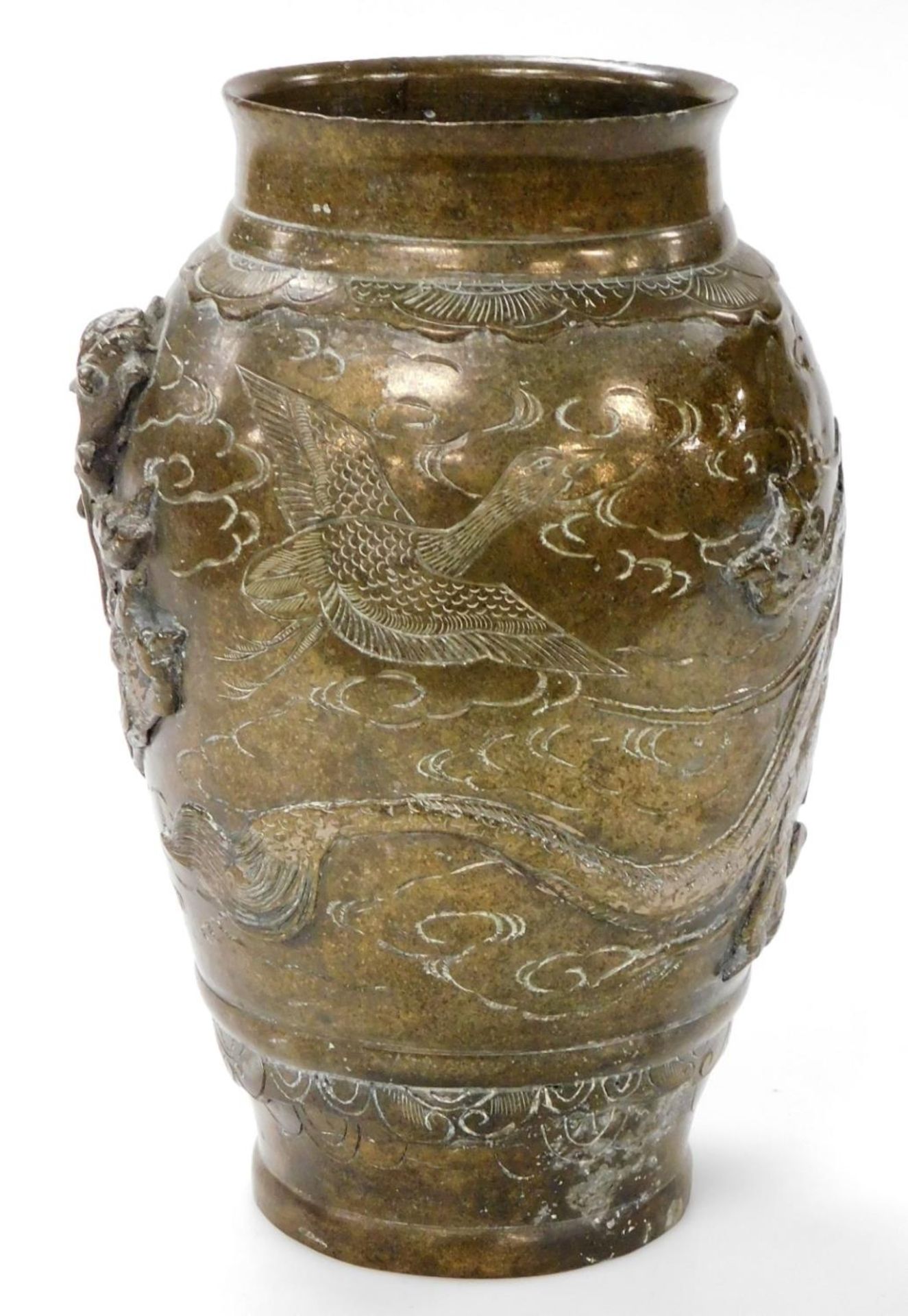 A Meiji period Japanese bronze vase, decorated in relief with a dragon and engraved with geese, 26cm - Image 2 of 6