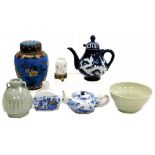 Various Chinese ceramics, including a celadon green vase, 11cm high, blue and white sake pot, modern