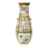 A late 19thC Qing Dynasty Cantonese famille rose porcelain vase, of baluster form, with twin lion's