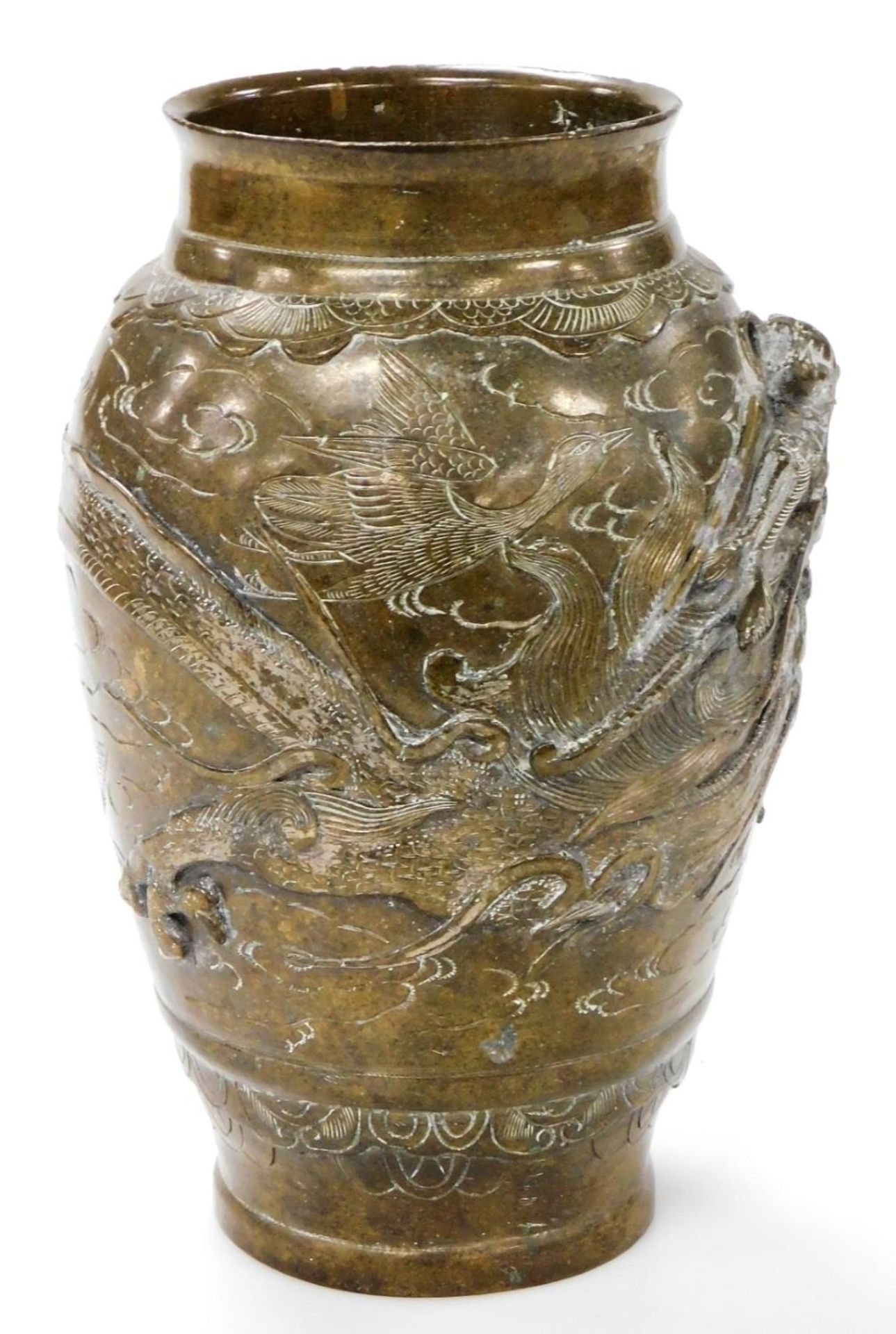 A Meiji period Japanese bronze vase, decorated in relief with a dragon and engraved with geese, 26cm - Image 4 of 6